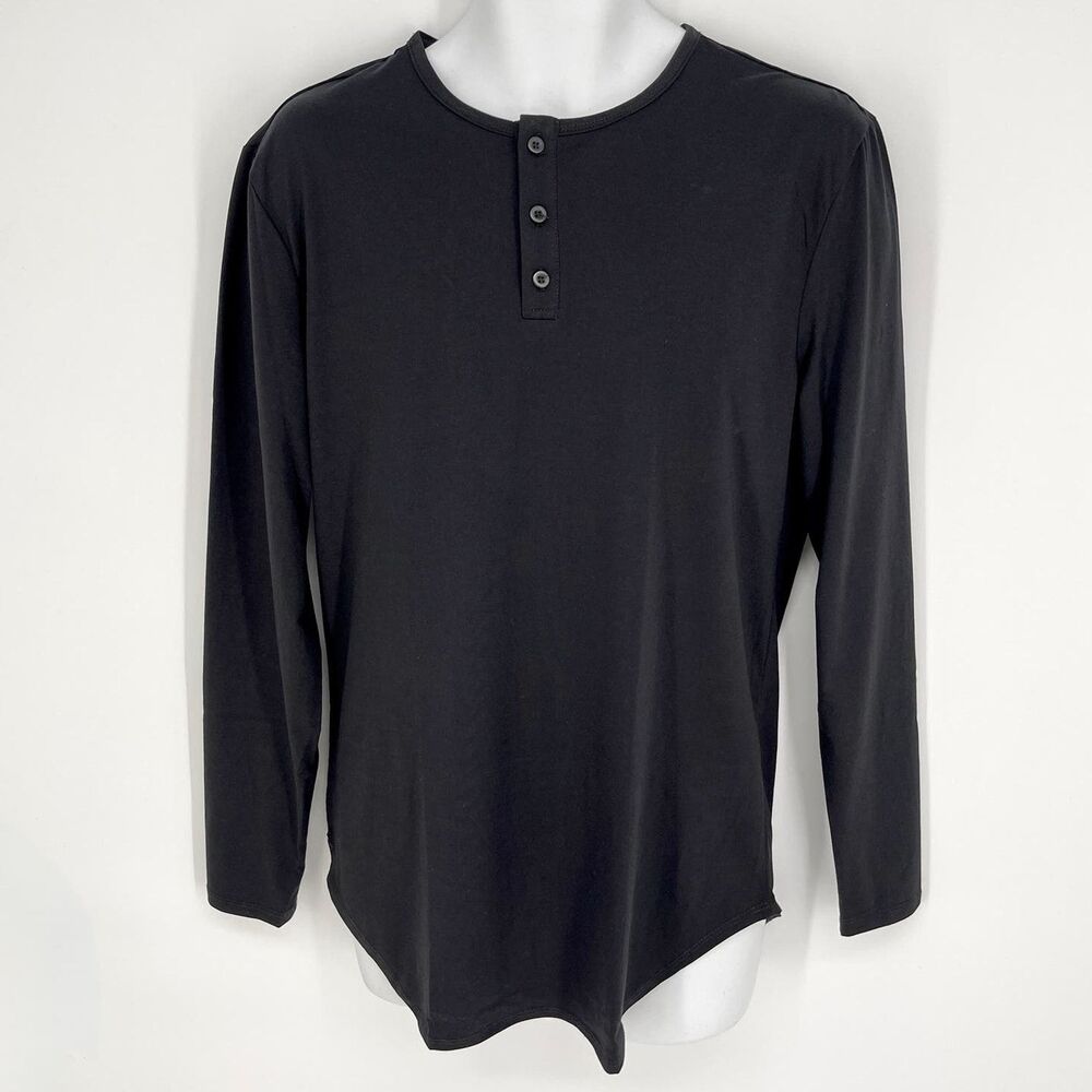 Cuts Clothing NEW Long Sleeve Elongated Henley T-Shirt Mens L Black Lightweight